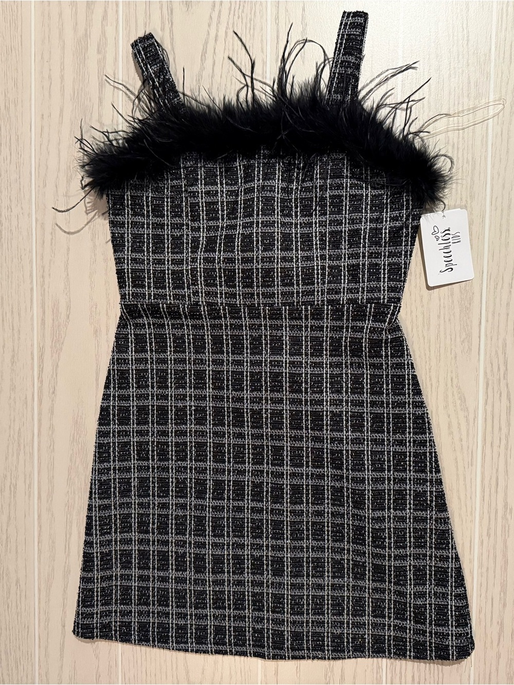 Speechless Girls Size 10 Black Plaid Feather Trim Holiday Party Dress NWT